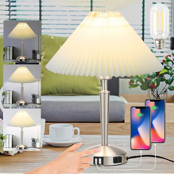 Touch Bedside Table Lamp - Modern Small Lamp for Bedroom Living Room Nightstand, Desk lamp with Fabric Lamp Shade, Warm LED Bulb, 3 Way Dimmable, Simple Design Mother's Day Gifts (Silver)