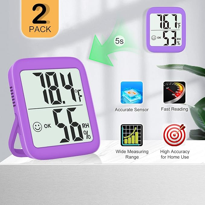 Antonki 2 Pack Room Thermometer for Home, Hygrometer Indoor Humidity Meter Gauge, Digital Temperature and Humidity Monitor Sensor for House, Terrarium, Incubator, Greenhouse - Battery Included