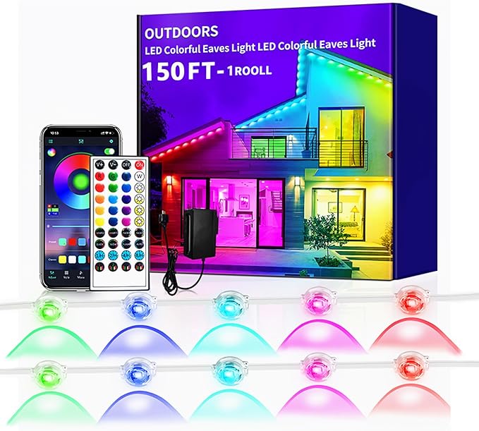 Permanent Outdoor Lights - 150FT Smart Outdoor Eaves Light with App/Remote Control,Music Synchronization, IP67 Waterproof, LED Eaves Lights for Patio/Eave/Party Decorations (150FT)