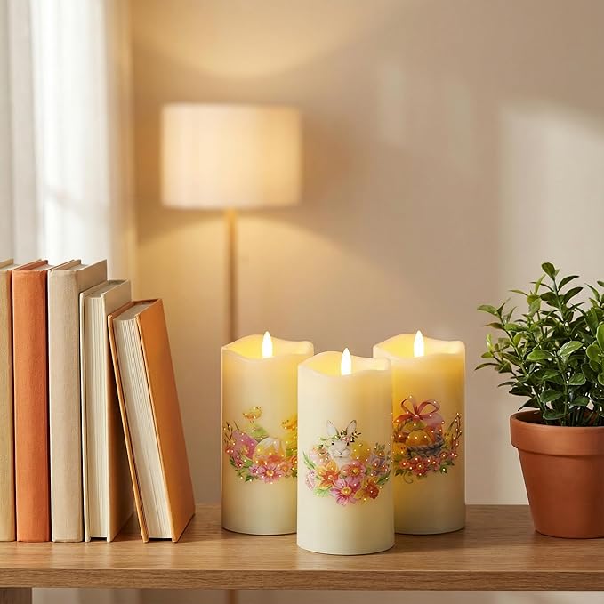 Eywamage Fiber Optic Easter Flameless Candles with Remote, Flickering Spring LED Pillar Candles Battery Operated Set of 3