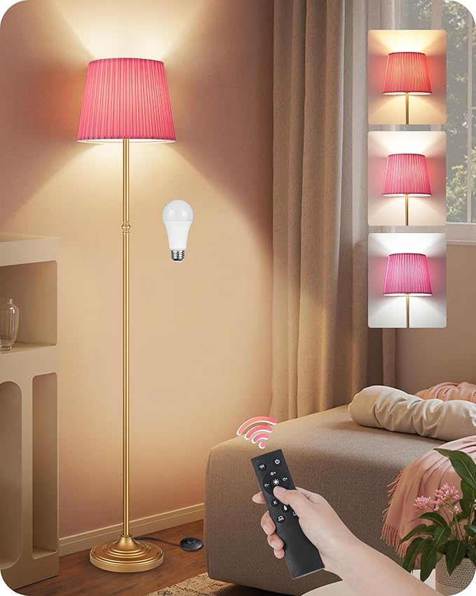 Pink Floor Lamp for Living Room, 68" Standing Lamp, Dimmable Reading Light with Remote & Foot Pedal, with LED Bulb, for Living Room, Bedroom, Girls Room FCC Listed, Gold and Pink DP12LD05