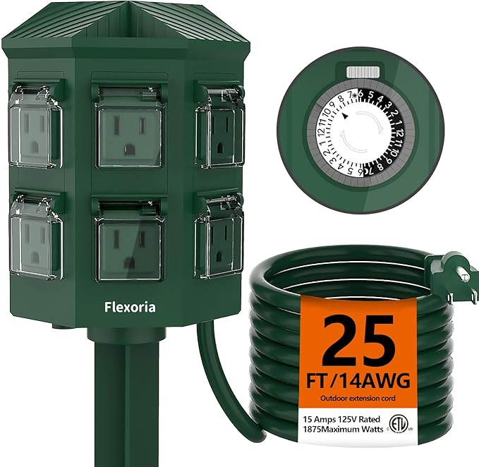 Flexora Outdoor Power Strip with 24-Hour Mechanical Timer, 25 FT Extension Cord Waterproof, 6 Grounded Outlets for Graden and Yard Decorations, ETL Listed (25 FT)