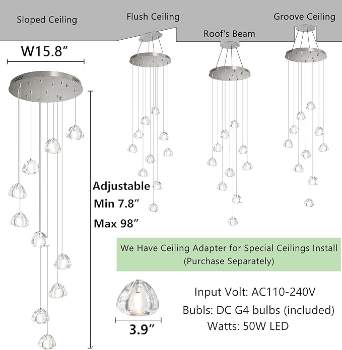 Glam Chandelier with LED Dimmable Bulbs Bubble Crystal Balls Glam Chandeliers High Ceiling Pendants Light Fixtures Adjustable Long Lights Brushed Nickel