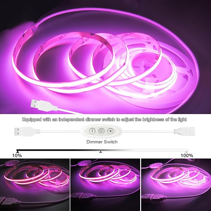 Pink LED Strip Lights USB 5V 4.9ft Small Dimmable COB Light Strip with USB Dimmer Switch for Bedroom/Gaming Setup/DIY Crafts/TV Backlighting/Indoor Ambiance Decor