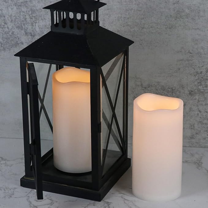 Eldnacele Waterproof Flameless Flickering Candles with 6 Hours Timer, Indoor Outdoor White LED Plastic Battery Operated Pillar Candles Pack of 2 for Wedding Festival White, D3”x H 6”