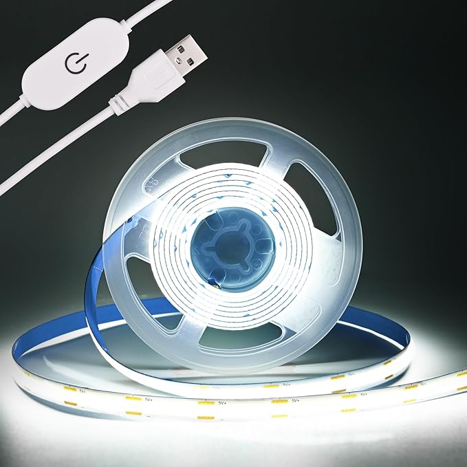 COB LED Strip Light 5V USB Tape 320LED/m Dimmable LED Strip Light USB TV Backlight Flexible Under Cabinet Tape Light for Bedroom,Kitchen,Home DIY Lighting (6500K, 6.56FT)