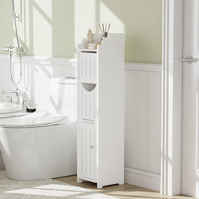 VECELO Bathroom Cabinet, Small Storage Cabinet with Toilet Paper Scroll,Corner Cabinet with Farmhouse Style Door for Bathroom Narrow Corner Space,Pearl White