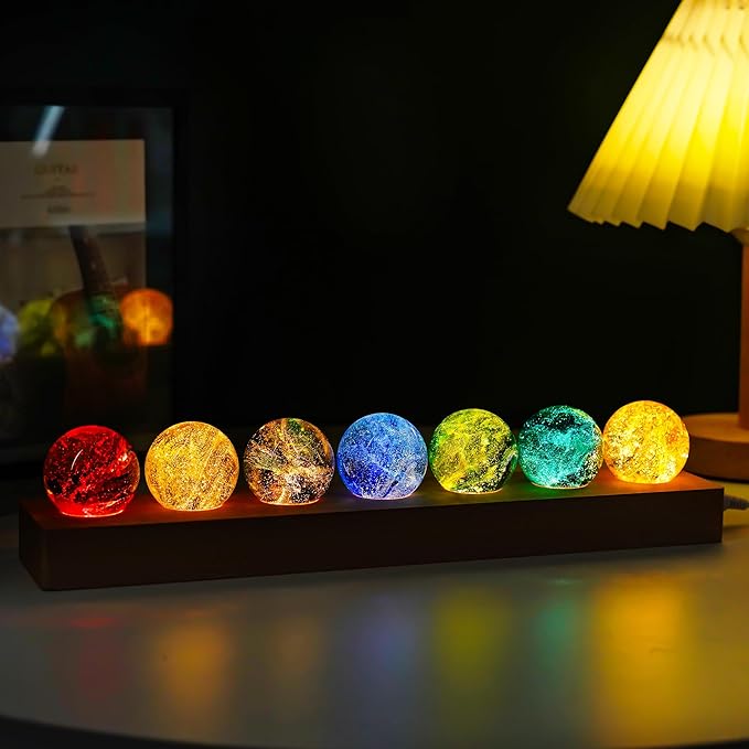 7 Chakra Crystals Spheres Sets 40mm Crystal Healing Ball with LED Wooden Stand for Meditation Night Light Decoration Balls for Home Office Christmas Decor Gifts