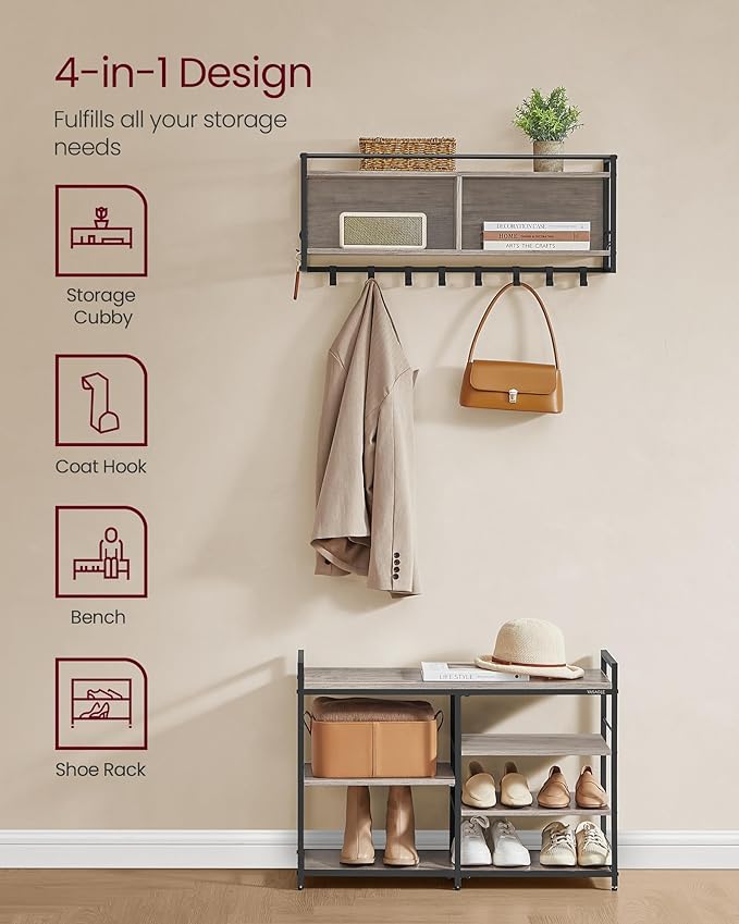 VASAGLE Hall Tree with Shoe Bench, Coat Rack Shoe Bench Set, Entryway Furniture, Multifunctional, 12 Metal Hooks, 4-Tier Shoe Rack, for Entryway, Bedroom, Heather Greige ULSB107K02