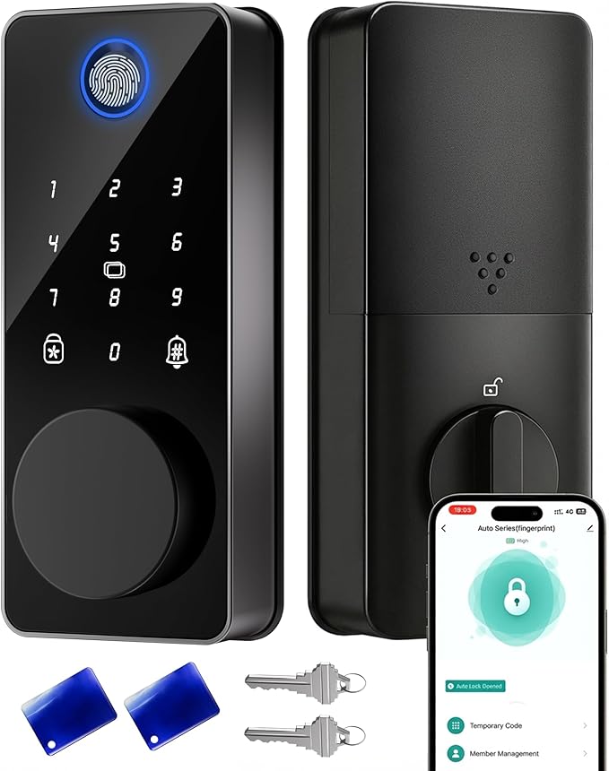 Smart Deadbolt Lock, Fingerprint Keyless Entry Door Lock App Control, Electronic Touchscreen Keypad, Auto Locking, IP54 Weatherproof, Easy Install Digital Deadbolt for Front Door