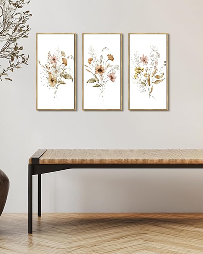 KUVIOKE Floral Wall Decor Colorful Bouquet Wall Decor Botanical Pictures for Office Dining Room Hallway Wall Art 8x16in3pcs Natural Framed