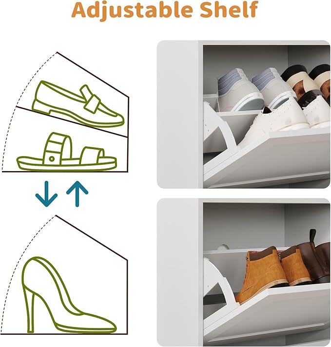 Modern Shoe Storage Bench fits up to Shoe Size 16, Entryway Bench with 2 Flip Drawers and Padded Seat Cushion, Wooden Shoe Bench with Storage for Entryway, Hallway, and Apartment, White