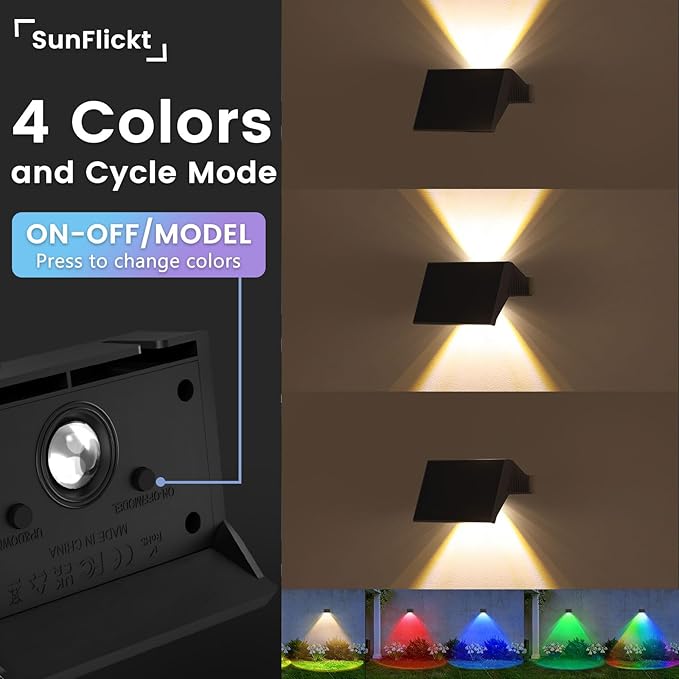 Solar Fence Lights Outdoor, 8-Pack Fence Lights Solar Powered with Up/Down Buttons, IP67 Waterproof for Outside, 120LM Auto Dusk to Dawn for Wall/Patio/Yard/Railing/Deck/Pathway (White & RGB)