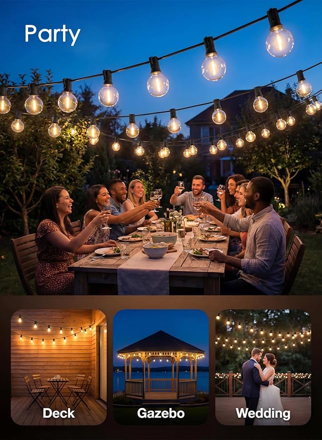SUNSGNE G40 LED Globe Outdoor String Lights Waterproof Shatterproof, 25FT Outdoor Globe Lights with 25 LED Plastic Clear Light for Café Bistro Porch Pergola Tents Balcony Decor, Black Wire