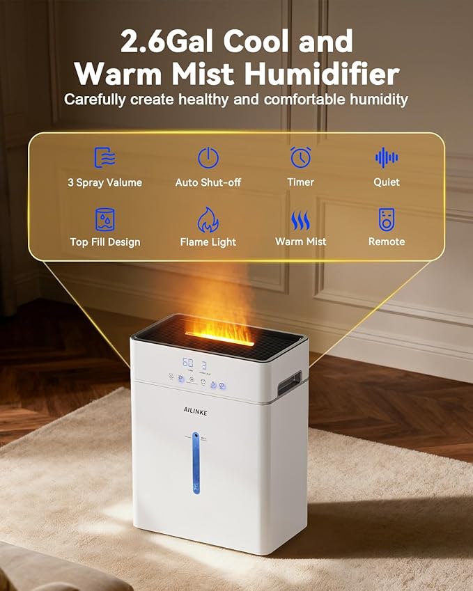 Humidifiers for Bedroom Large Room 10L/2.64Gal, Warm and Cool Mist Humidifier Large Room, Simulated Flame Humidifier Light, 12H Timer, 3 Speed, Top Fill, 1000sq.ft for Baby/Plant/Office