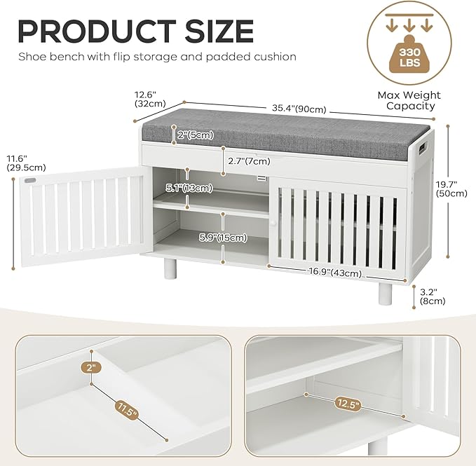 35.4in Shoe Bench with Storage, Bamboo Entryway Bench with Lift Top Hidden Storage & Padded Seat, 2 Doors 2-Tier Narrow Shoe Rack Cabinet Organizer for Hallway Mudroom Bedroom, White