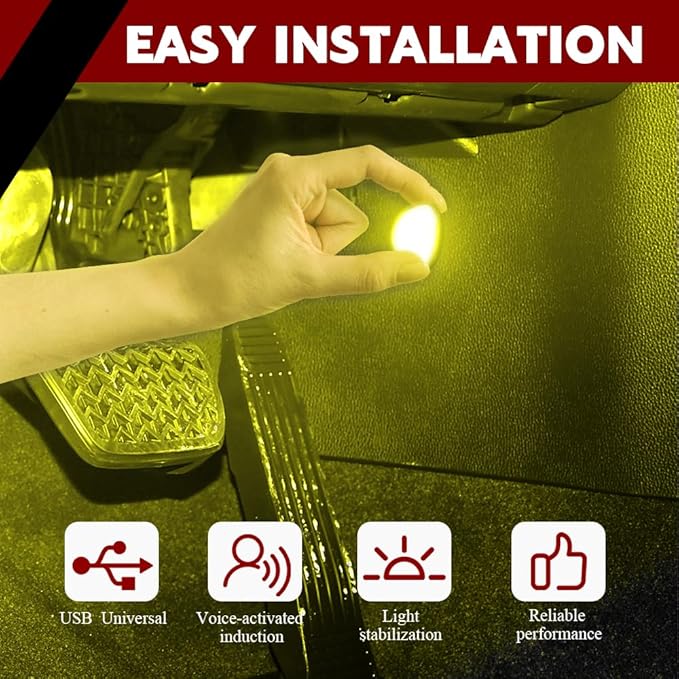 Car Interior LED Lights, Automotive Ambient Neon Light Kit with USB Port, Automotive Under Dash Decoration Night Lamp for Men and Women, 4 in 1 Decoration Lights for Car, Garden, Home, Part (Yellow)