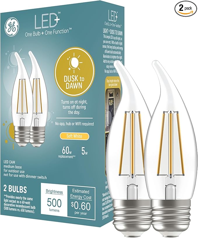 GE LED+ CA11 Dusk to Dawn LED Light Bulbs, Automatic On/Off Outdoor Security Lights, Soft White, E26 Medium Base (2 Pack)