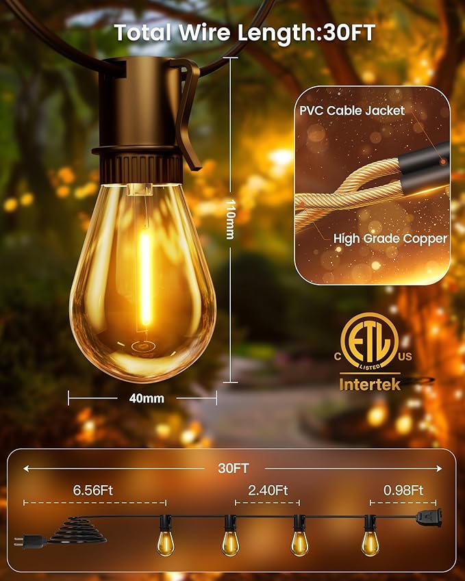 Torkase LED Outdoor String Lights 30FT Patio Lights with Shatterproof S14 Edison Bulbs, Dimmable Outside Hanging Light Connectable for Porch, Deck, Garden, Backyard, 2200K