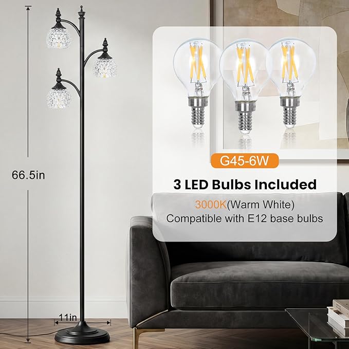 Glass Floor Lamp 66.5in Black Standing Lamps for Living Room with 3 Brightness Lights Vintage Retro Corner Lamp for Bedroom Office(3LED Bulbs Included)