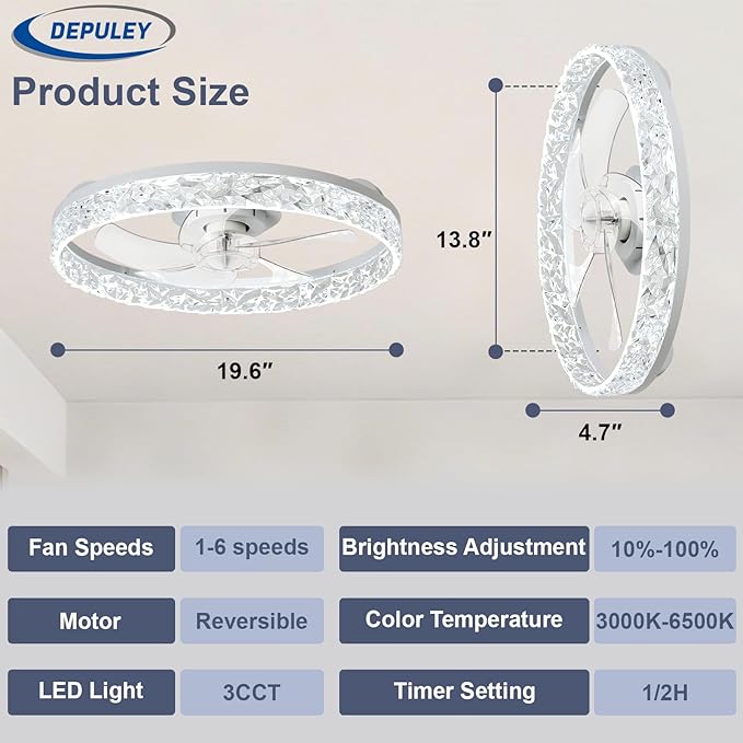 Depuley Ceiling Fans with Lights and Remote: 20" Modern Low Profile Flush Mount LED Ceiling Fan for Bedroom App Control - White Crystal Bladeless Fandelier for Living Room Kitchen Dimmable DC Motor