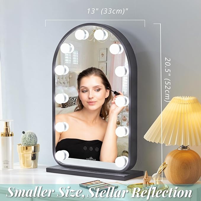 LUXFURNI Hollywood Mirror with Lights Makeup Mirror for Bedroom, Vanity Arched Mirror with 12 Dimmable Bulbs Smart Touch Control 3 Color Lighting Modes, Black