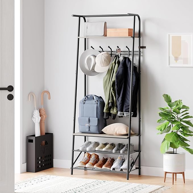 OUTLANE Entryway Hall Tree with 5 Hooks, Shoe Bench & Storage Shelf, Coat Rack Organizer with Wood Accents and Metal Frame for Entryway, Living Room, Bedroom, Gray-Single row