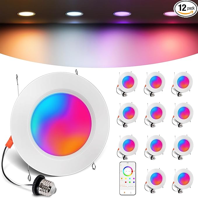 Smart Recessed Lighting 6 Inch, RGBCW Color Changing Smart Can Light Bluetooth Connect, Flicker Free, 13W 1300LM, Dimmable Retrofit Downlight Works with Alexa Voice & App Control, 12 Pack