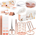 Office Desk Accessories Supplies - 14 Pcs Women Rose Gold Marble Desk Decor Set, Cute Aesthetic Office Essentials Kit, Stapler Tape Dispenser Pen Organizer, Acrylic Mini Teacher Stuff for School Home