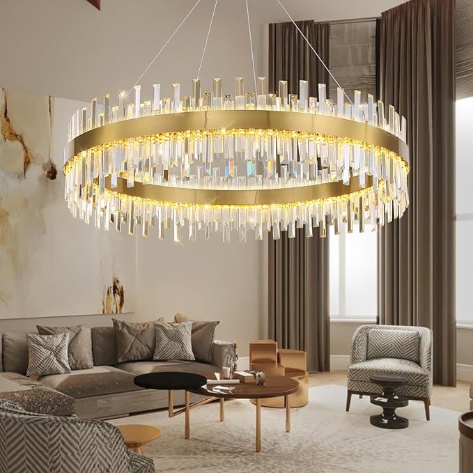 Glam Crystal Chandelier Large Ring Chandeliers with Remote Dimmable LED Light Adjustable Hanging Lights Luxury Ceiling Pendant Lighting Fixtures for Living Dining Bedroom Foyer Gold Light