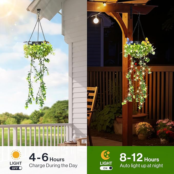 Solar Hanging Garden Lights for Spring Summer, 4 Pack 66 LEDs Realistic Flower Vine Fairy String Lights, IP65 Waterproof Outdoor Decor for Garden Patio Fence, 8-12 Hrs Auto Lighting, Mother‘s Gift