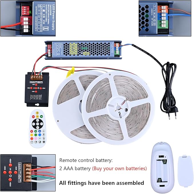 24V WS2811 RGB+IC COB LED Strip Lights 65.6ft (2 Rolls of 32.8ft), Chasing LED Light Strip with 338 Remote Controller Models and Power Supply for Bedroom, Living Room, Gaming, Parties