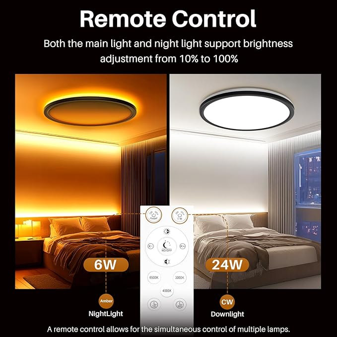 AmazeFan 12Inch LED Flush Mount Ceiling Light with Remote Control, Dimmable Night Light 1800K 3000K/4000K/6500K 24W 2400lm Low Profile Wired Ceiling Lamp for Bedroom LivingRoom Kitchen Hallway-Black
