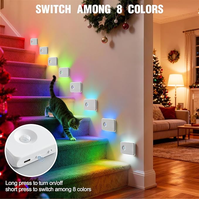 3 Pack Wireless Rechargeable Motion Sensor Stair Light, Smart Led Motion Activated Battery Operated Night Lights, RGBW Stick On Closet Lamp Indoor for Step Cabinet Hallway Bathroom Stairway