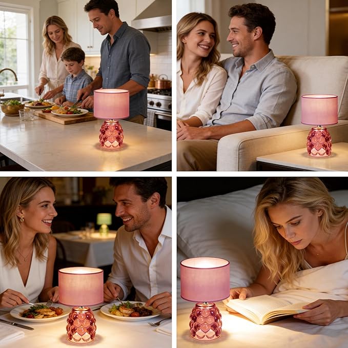 MJ PREMIER Pink Rechargeable Table Lamp Battery Powered Lamp Dimmable Touch Control 3 Color Night Light, Wireless Portable Desk Lamp with USB for Girls Bedroom, Nightstand Kids Room, Home Decor