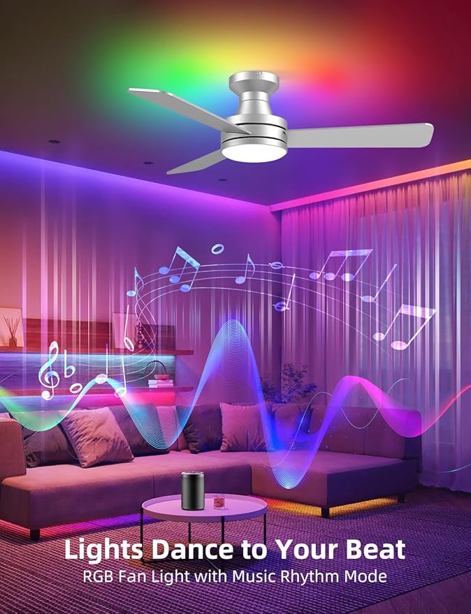 42 inch RGB Ceiling Fan with Light, Smart App & Remote Control Low Profile Flush Mount, Music Sync Lighting, 6-Speed Quiet Reversible DC Motor, 4CCT Dimmable for Home Office Party, Silver