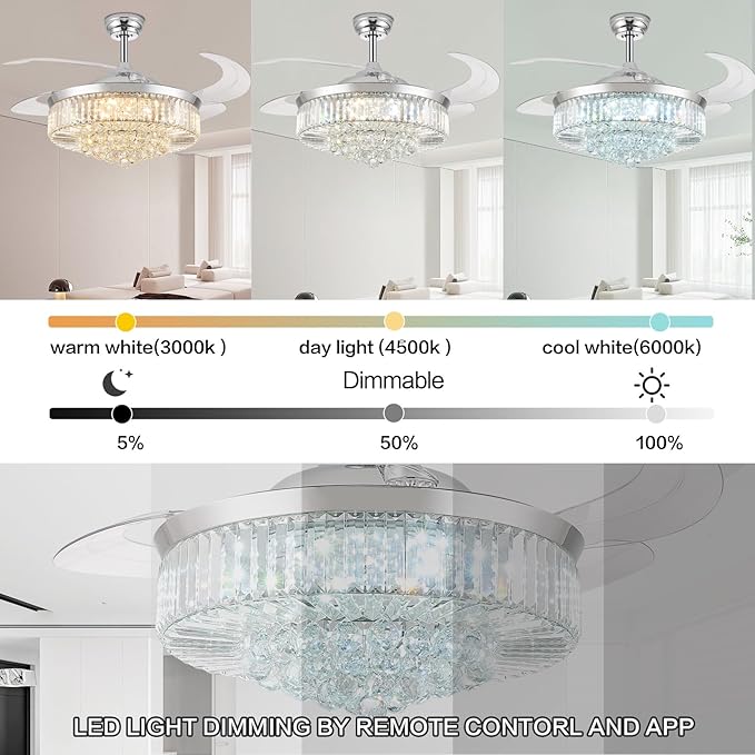 52” Bluetooth Ceiling Fan with Light and Speaker,RGB Retractable Blades Crystal Fandelier Music Player LED Chandelier 6-Speed APP Control Timer Remote for Bedroom Silver