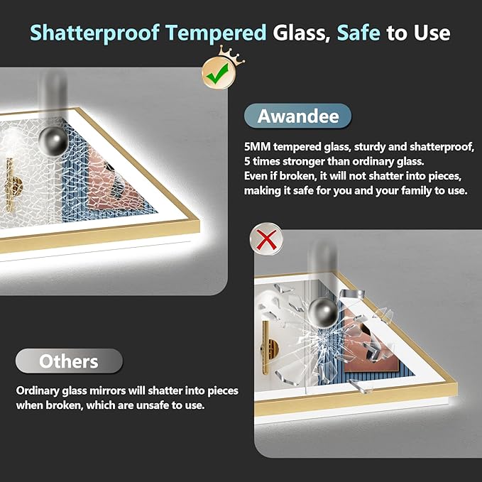 60x40 Gold LED Bathroom Mirror with Lights, Brushed Gold Framed Backlit and Front Lit Anti-Fog Lighted Vanity Mirrors for Bathroom Wall, Dimmable, 3 Colors, Memory, HD Tempered Glass, CRI＞90