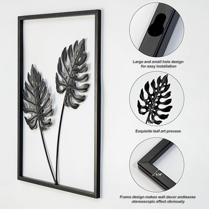 QXSXKJ Metal Wall Art, Black Frame Decor 4pack Modern Farmhouse Decor, 3d Metal Wall Ginkgo Art With Lamp for Living Room, Bedroom, Kitchen, Office (without light 17x12)