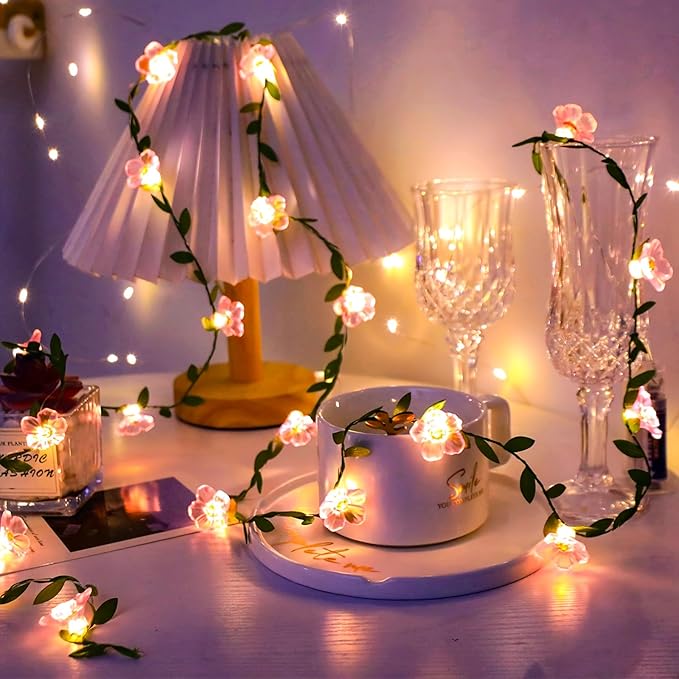 Fairy Flower Leaf String Lights, USB Plug in 16.5ft 50 LED Decorative Pink Cherry Blossom Vine for Girl's Bed Room Window Wall Wedding Birthday Party Christmas Hanging Indoor Decorations