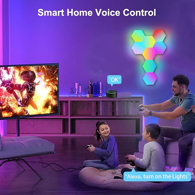 Large Hexagon LED Lights for Bedroom, Smart Home Gaming LED Wall Lights RGB-IC Gaming Room Decor Work with Alexa Google Assistant, Voice/App Control, Music Sync, DIY Modular Light Panels, 10 Pack