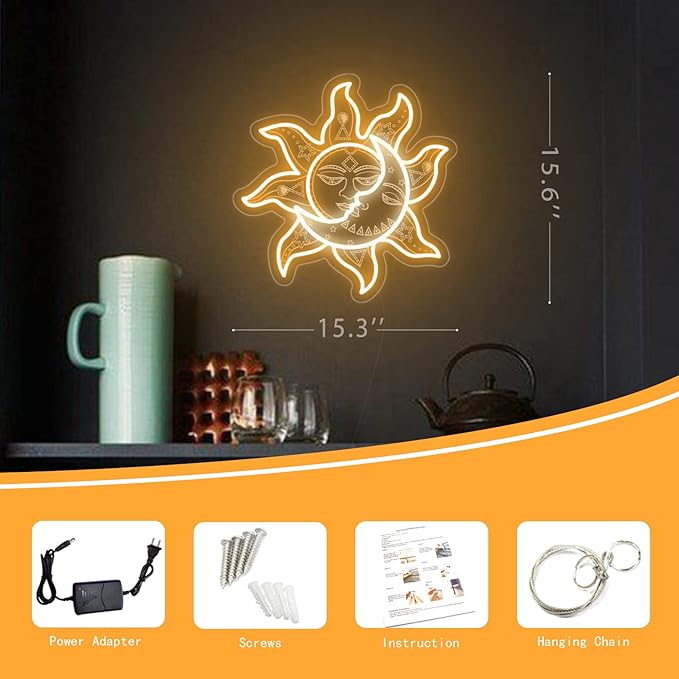 Sun Moon Neon Sign - Retro Vintage Funny Psychedelic Mystic Burning Led Neon Light, Handmade Aesthetic 3D Engraving Night Lamp for Wall Decor Bedroom Birthday Gift Home Party - 15''