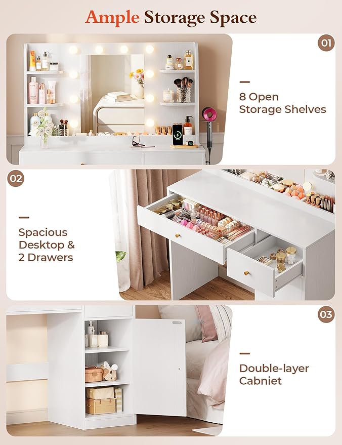Vanity Desk with Mirror and Lights, 35" Makeup Vanity with 2 Drawers, Storage Cabinet, 8 Open Shelves, 3 Lighting Modes Adjustable Brightness, Power Outlet, Dressing Table for Bedroom, White