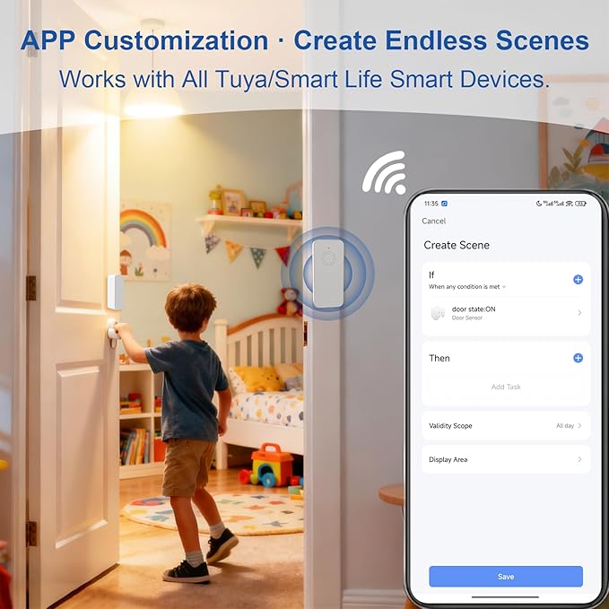 WiFi Door Window Alarm, Smart Contact Sensor with APP Alerts & Sound Light Alarm, DIY Home Security System for House, Apartment, Office (Battery Not Included)