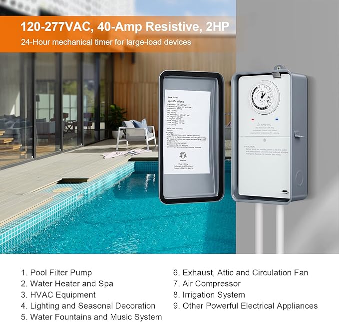 SURAIELEC Pool Timer, 24 Hour Mechanical Pump Timer, 40 AMP, 120, 240, 277 VAC, Outdoor Heavy Duty Metal Casing Pool Control, Electric Clock Switch Box for Pump, Water Heater, Spa, Hot Tub