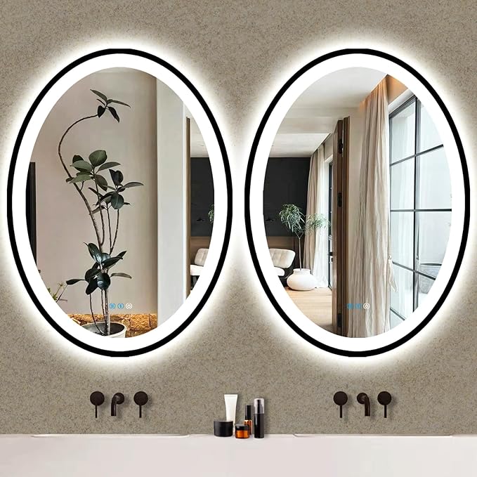 THEKLA 24 x 36 inch Black Frame Oval LED Mirror for Bathroom Salon Wall Mount 36 inch Black Framed Oval Lighted Vanity Mirror with Lights Smart Set Memory 3 Color Dimmable Front Light Anti-Fog