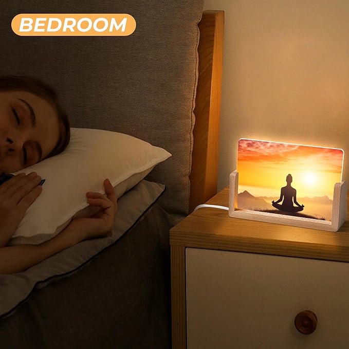 Night Light Acrylic Night Lights with USB Cables Yoga Meditation Acrylic Display Boards with Wooden Light Base Dimmable Night Lights for Home Bar Cafe Office 10.3x15.5cm