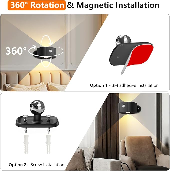 Rechargeable Motion Sensor Wall Light, Wireless Wall Sconce - Magnetic Base, Dimmable 3000K Warm White, 3 Modes (ON/AUTO/Off) for Closet, Stairs, Living Room - Indoor LED Wall Lamp (Black)