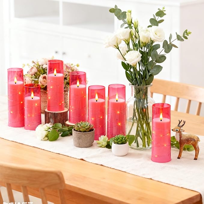 Flameless Candles with Embedded Star String, Battery Operated LED Pillar Candles with Timer and Remote Control,Home Decorating for Ambiance， Set of 7 (Pink)