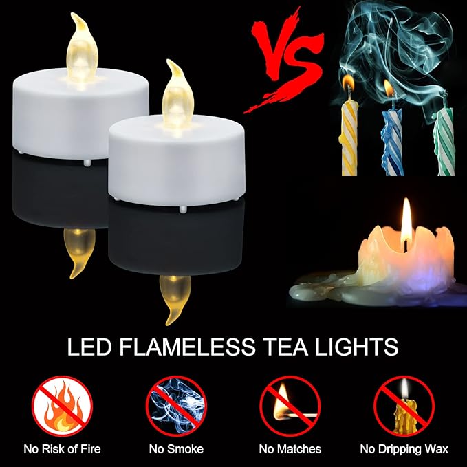 Tea Light, 50 Pack Flameless LED Tea Lights Candles Flickering red 200+ Hours Battery-Powered Tealight Candle. Ideal for Party, Wedding, Birthday, Gifts and Home Decoration (White)